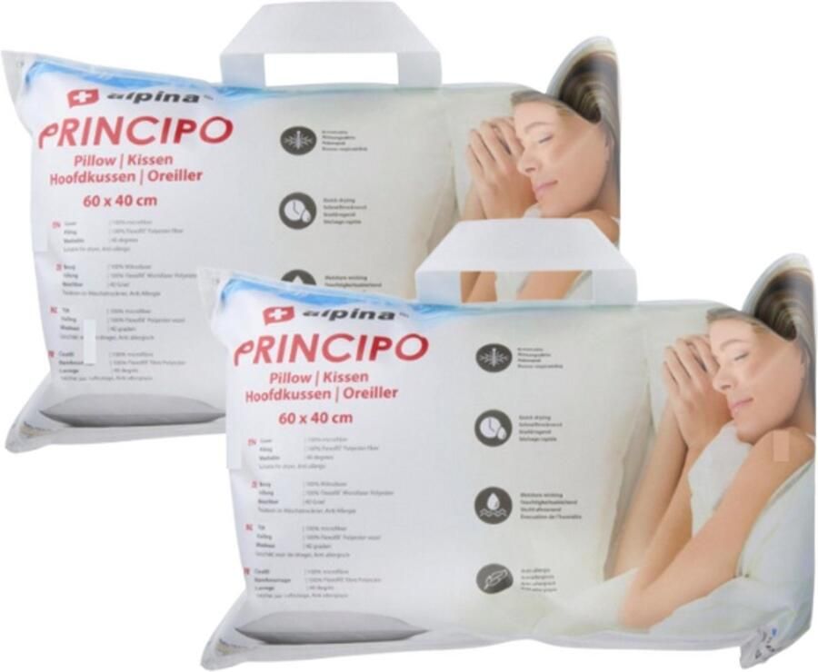 Alpina Hoofdkussen 60 x 40 cm 2 stuks Kussen voor Bed en Slaapkamer Ademend Vocht Afvoerend en Wasmachine Bestendig voor Buik- Rug- en Zijslaper Microvezel Katoen Wit