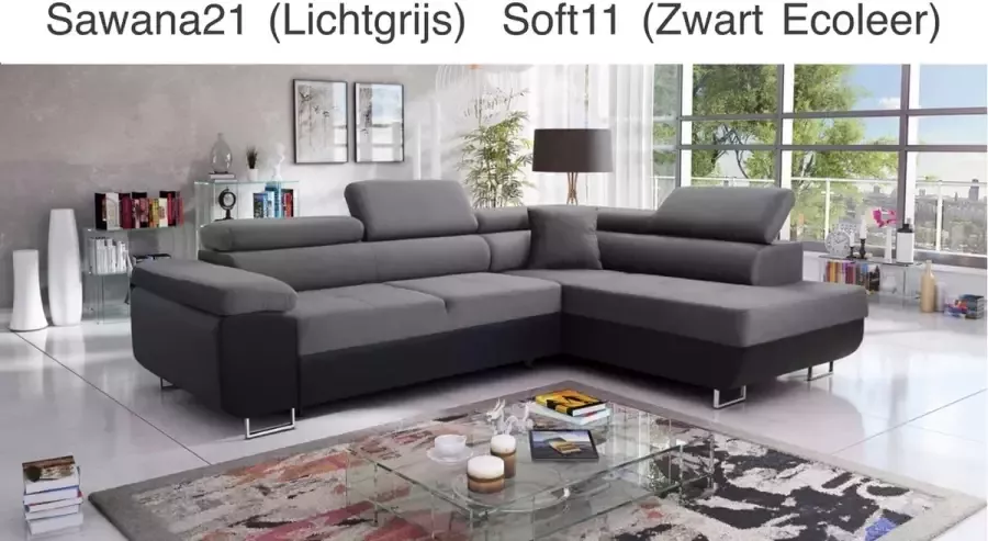 Alpina Meble Hoekbank met bedfunctie „ANTON” Rechts Lichtgrijs + Zwart Ecoleer