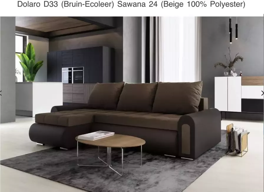 Alpina Meble Hoekbank met bedfunctie „ONTARIO” Universeel Ecoleer Bruin + Beige