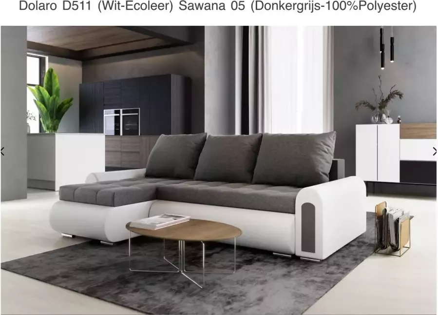 Alpina Meble Hoekbank met bedfunctie „ONTARIO” Universeel Ecoleer Wit + Donkergrijs