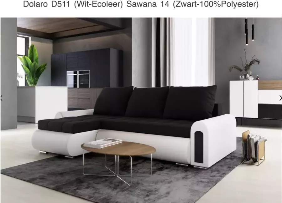 Alpina Meble Hoekbank met bedfunctie „ONTARIO” Universeel Ecoleer Wit + Zwart