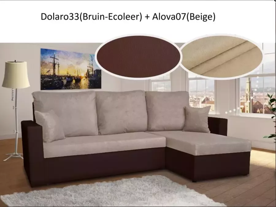 Alpina Meble Hoekbank met bedfunctie „PARYS” Universeel Ecoleer Bruin + Beige