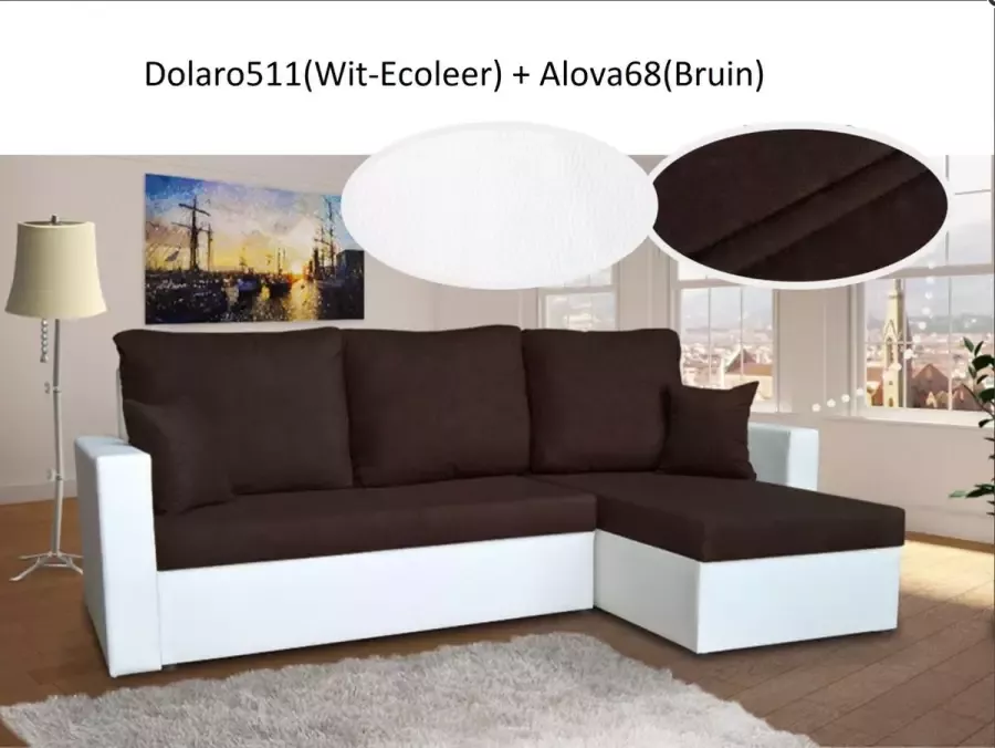 Alpina Meble Hoekbank met bedfunctie „PARYS” Universeel Ecoleer Wit + Bruin