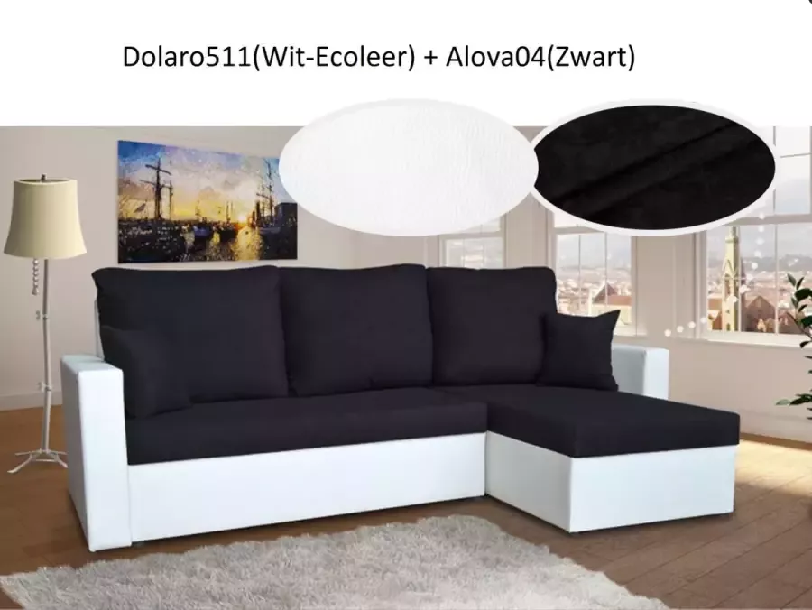 Alpina Meble Hoekbank met bedfunctie „PARYS” Universeel Ecoleer Wit + Zwart