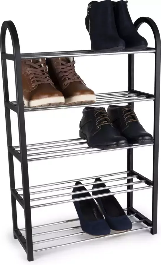 Alpina Schoenenrek 5-Laags Schoenenrekje Opbergrek 50 x 20 x 77 CM Ruimte voor 10-15 Paar Schoenen Makkelijk te Monteren Zwart Zilver