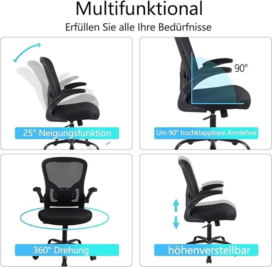 Alta ErgoFlex Pro Bureaustoel – Ergonomische Bureaustoel met Verstelbare Lendensteun en Opklapbare Armleuningen – Ademend Mesh Rugleuning – 360° Draaibare Thuiswerkstoel – Verstelbare Hoogte – Zwart