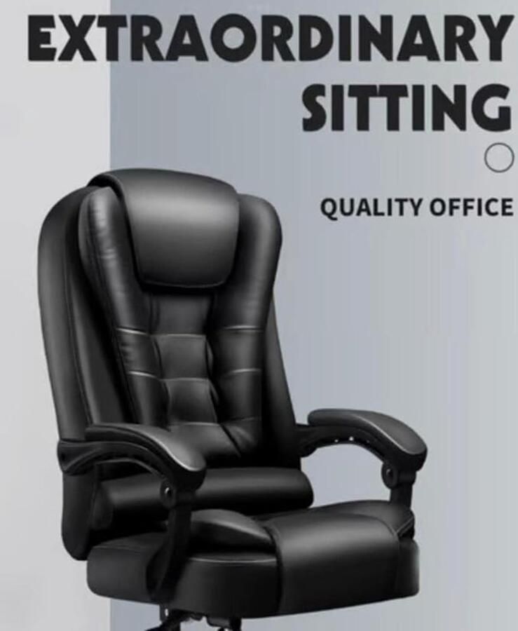 Alta ErgoMax Deluxe Ergonomische Bureaustoel met Voetsteun – Luxe Lederen Gaming & Kantoorstoel – In Hoogte Verstelbaar Draaibaar Kantelbaar tot 150° Dikke Zitting Hoge Rugleuning Zwart