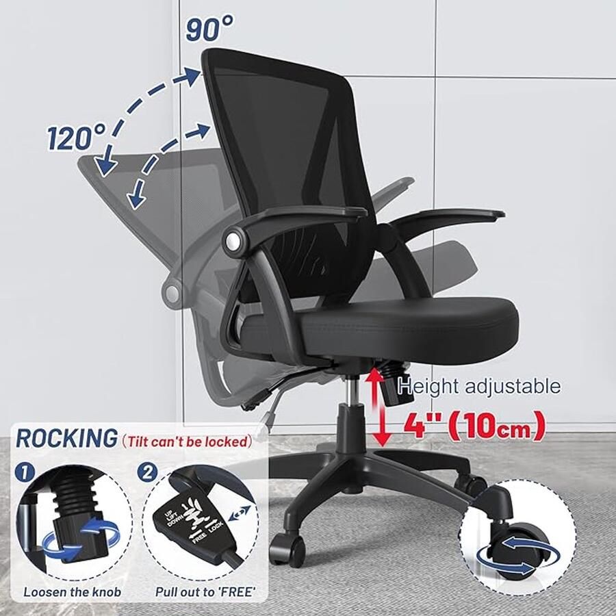 Alta ErgoMesh Flex bureaustoel – Ergonomische Mesh Bureaustoel met 90° Opklapbare Armleuningen – Verstelbare Rugleuning en Hoogte – Comfortabele Werkstoel voor Kinderen & Volwassenen – Zwart – Ademend Netstof Design – 360° Draaibaar