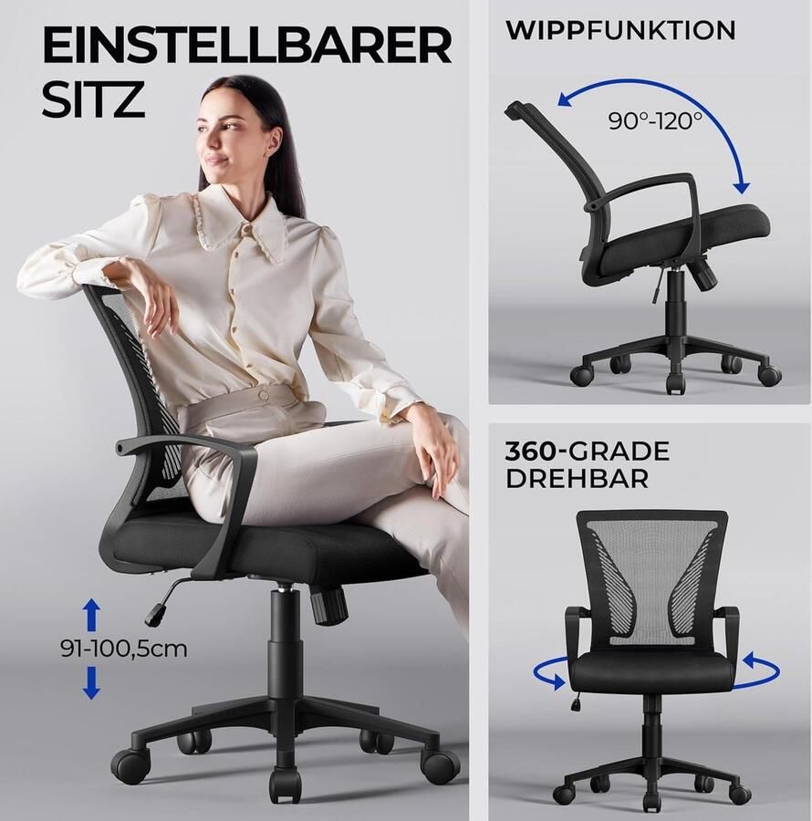 Alta ErgoMesh Pro Bureaustoel – Ergonomische Bureaustoel met Ademend Netweefsel Verstelbare Hoogte 360° Draaibaar Met Armleuningen Comfortabele Kantoorstoel 136 kg Draagkracht – Zwart