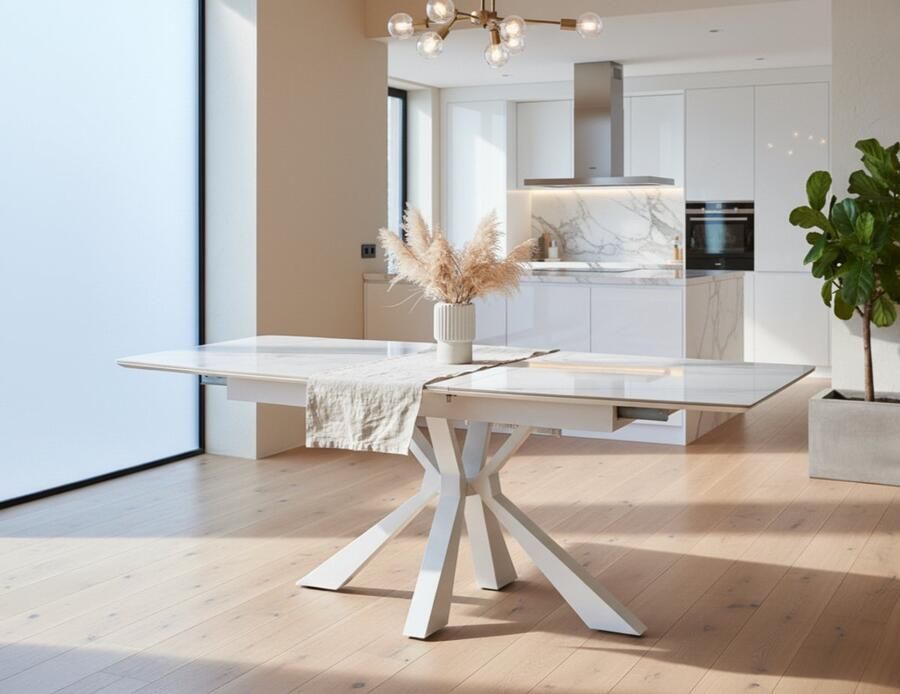 Alta Valerio Uitschuifbare Eettafel – Marmerlook Wit – Houten Tafelblad met Stalen Onderstel – 160-200 cm – Moderne Design Eettafel voor 8 Personen – Stevig & Onderhoudsvriendelijk – Luxe Eettafel voor Woonkamer of Keuken
