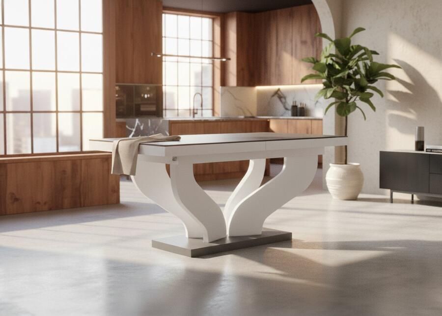 Alta Verona Luxe Uitschuifbare Eettafel – Hoogglans Grijs & Wit – Houtfineer – 160-256 cm – Rechthoekig – Geschikt voor 10 Personen – Stevig en Modern Ontwerp