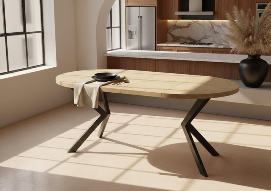 Alta Verona Round Extendable Dining Table – Elegant Wooden Table with Golden Oak Finish – Modern Metal Base – 8-10 Persons – 90-196 cm – Durable Easy to Clean Stylish Design