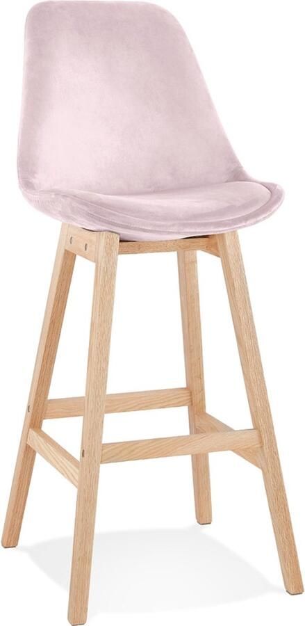 Alterego Design Alterego Barkruk 'MORISS' in roze fluweel met poten in natuurlijk hout