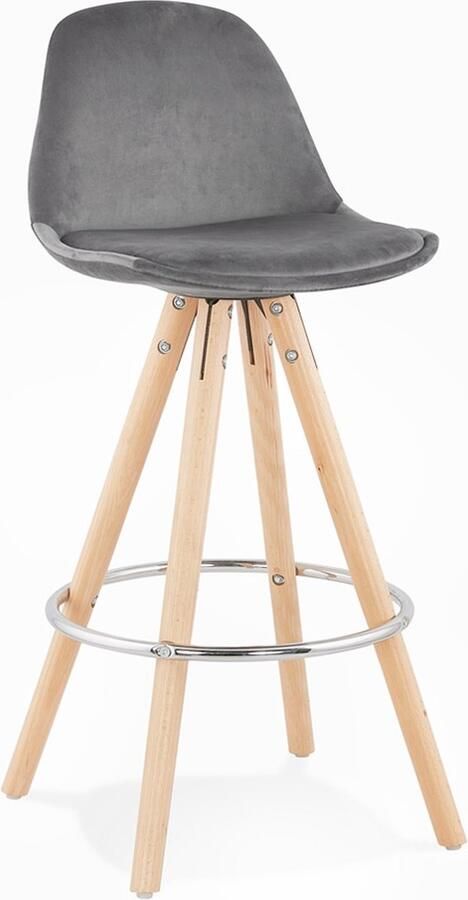 Alterego Halfhoge barkruk 'SPIRIT MINI' in grijs fluweel en poten in hout met natuurlijke afwerking