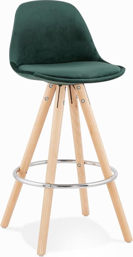 Alterego Halfhoge barkruk 'SPIRIT MINI' in groen fluweel en poten in hout met natuurlijke afwerking
