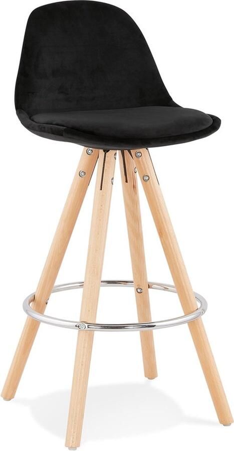 Alterego Halfhoge barkruk 'SPIRIT MINI' in zwart fluweel en poten in hout met natuurlijke afwerking