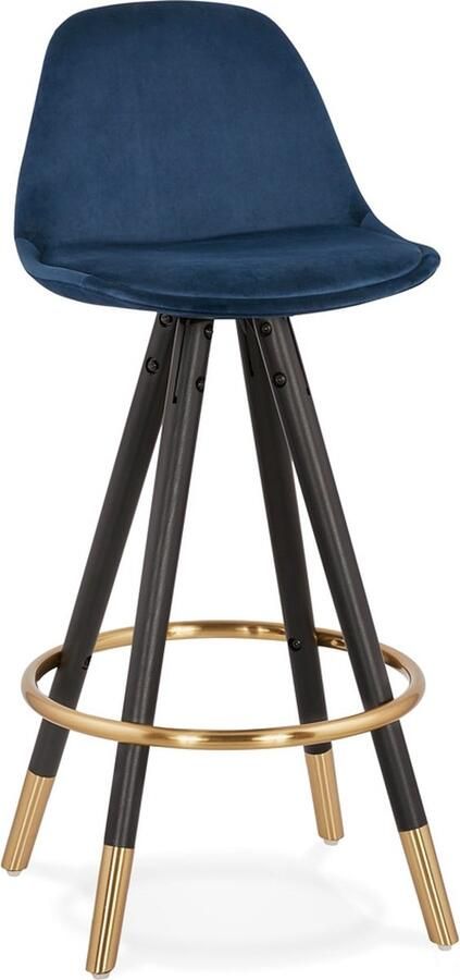 Alterego Design Alterego Halfhoge design barkruk 'CHICAGO MINI' in blauw fluweel en 4 poten in zwart hout