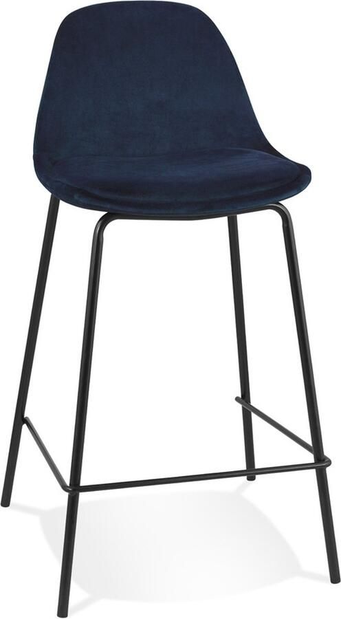 Alterego Halfhoge kruk 'FENTON MINI' van blauw velours met zwarte metalen poten