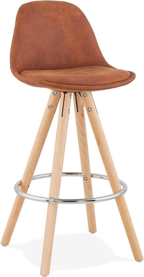 Alterego Halfhoge kruk 'MARKA MINI' van bruine microvezel en poten van natuurlijk hout