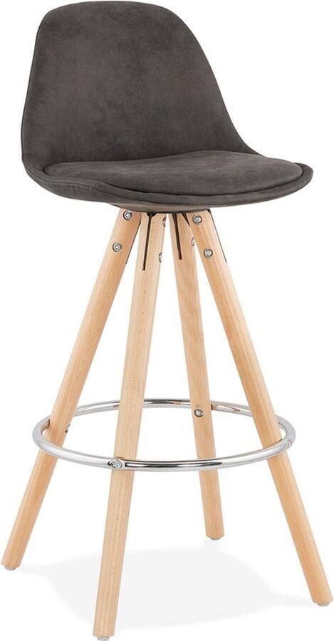 Alterego Halfhoge kruk 'MARKA MINI' van grijze microvezel en poten van natuurlijk hout