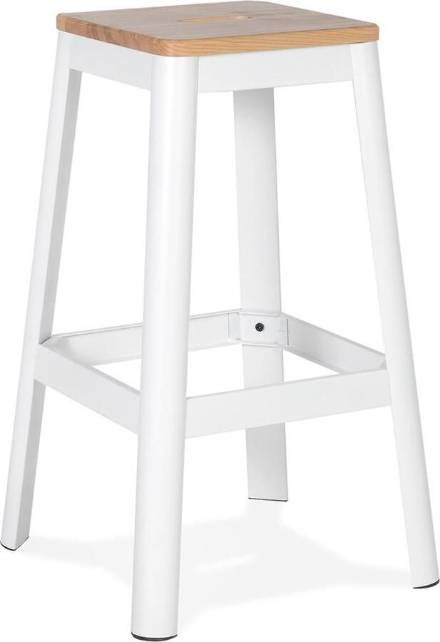 Alterego Design Alterego Industriële hoge kruk 'LIDYA' met een witte metalen structuur en houten zitvlak
