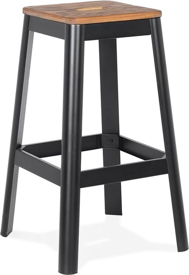 Alterego Industriële hoge kruk 'LIDYA' met een zwarte metalen structuur en houten zitvlak