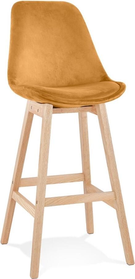 Alterego Design Alterego Barkruk 'MORISS' in mosterd fluweel met poten in natuurlijk hout