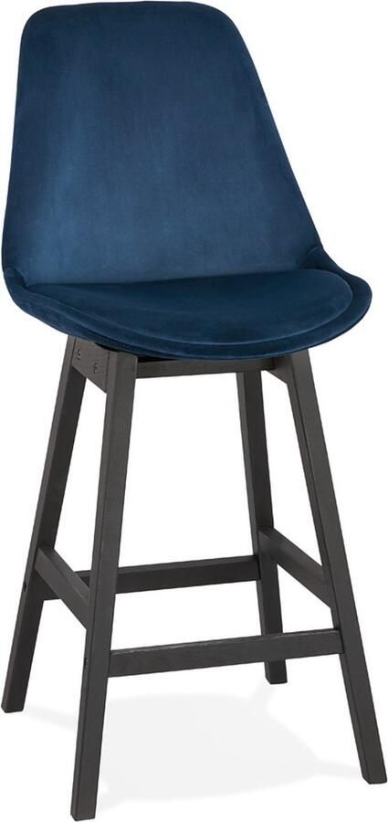 Alterego Design Alterego Halfhoge design barkruk 'MORISS MINI' in blauw fluweel en poten in zwart hout