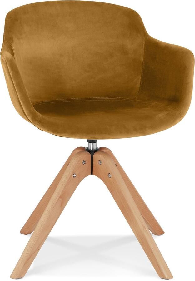 Alterego Design Alterego Stoel met armleuningen 'BERNI' van mosterde velours en poten van natuurlijk hout 59x54x80 cm