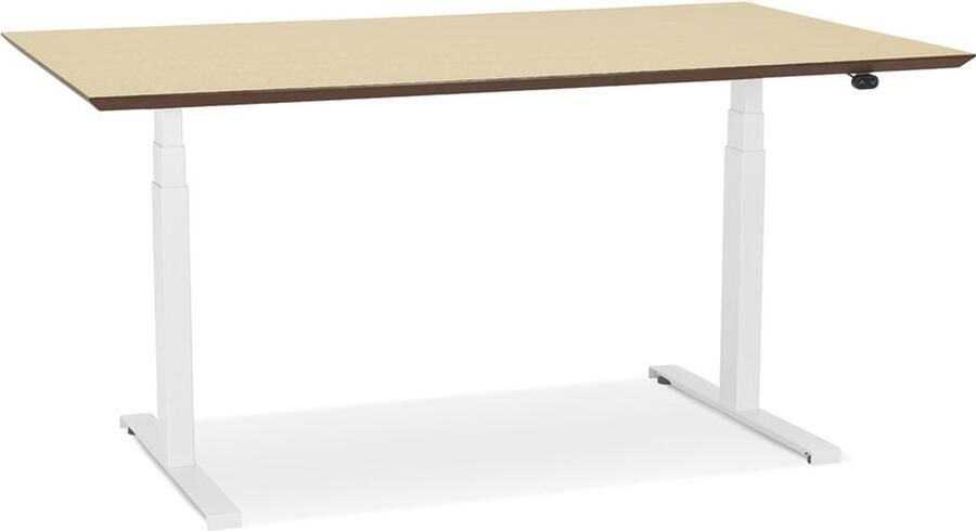 Alterego Design Alterego Witte elektrische zit sta-bureau 'BIONIK' met blad in natuurlijke houtafwerking 150x70 cm