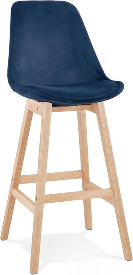 Alterego Design Alterego Barkruk 'MORISS' in blauw fluweel met poten in natuurlijk hout