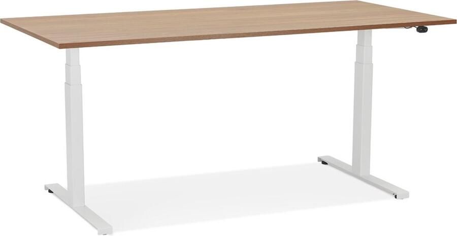 Alterego Design Alterego Witte elektrisch verstelbare bureau 'TRONIK' met blad in notenhouten afwerking 160x80 cm