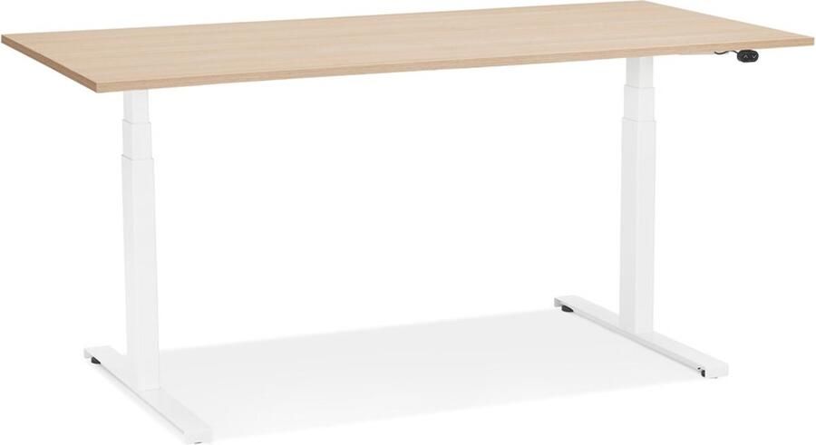 Alterego Design Alterego Witte elektrische zit sta-bureau 'TRONIK' met blad in natuurlijke houtafwerking 140x70 cm