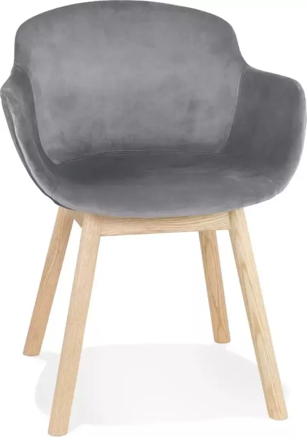 Alterego Design Alterego Grijze fluwelen stoel 'FRIDA' met armleuningen en poten van natuurlijk hout