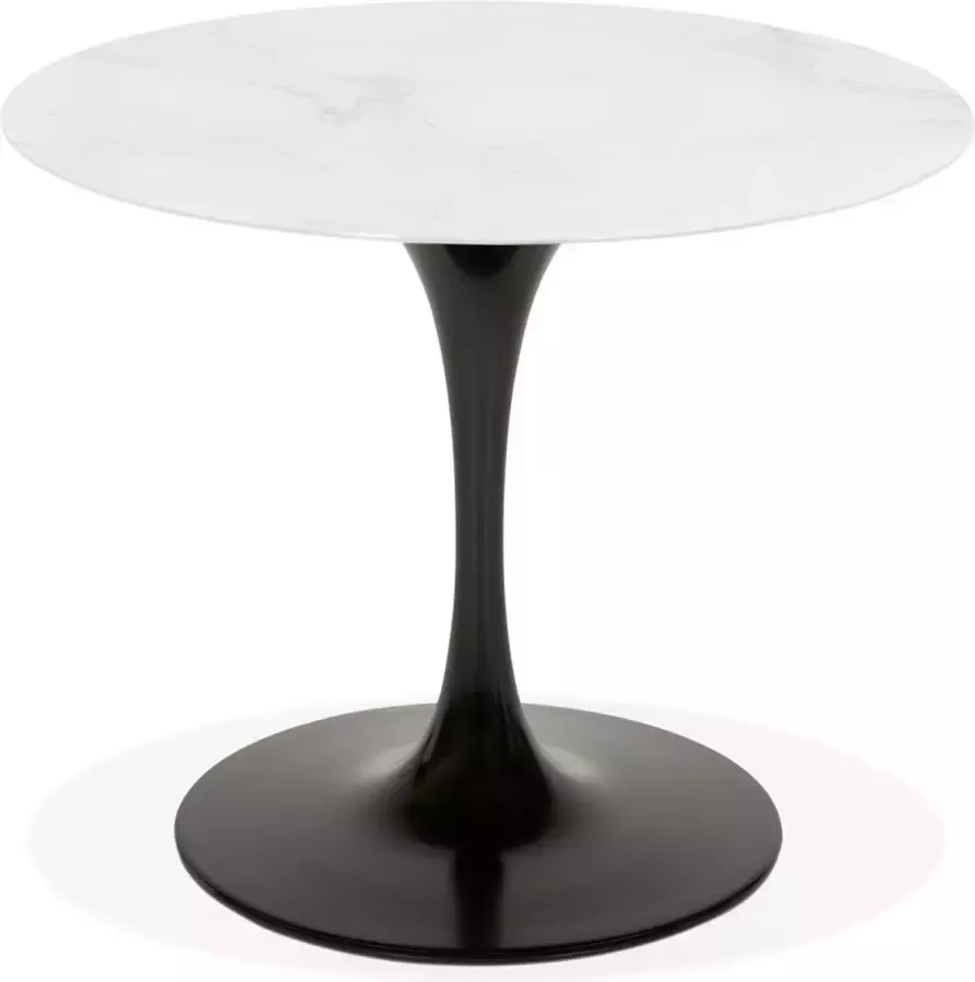 Alterego Design Alterego Ronde eettafel 'GOST' van wit glas met marmereffect en centrale zwarte poot Ø 90 cm