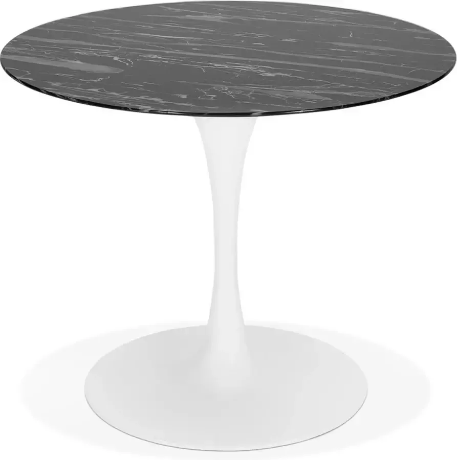 Alterego Design Alterego Ronde eettafel 'GOST' van zwart glas met marmereffect en witte centrale poot Ø 90 cm