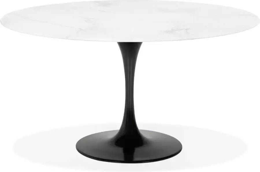 Alterego Design Alterego Ronde eettafel 'SHADOW' van wit glas met marmereffect en centrale zwarte poot Ø 140 cm