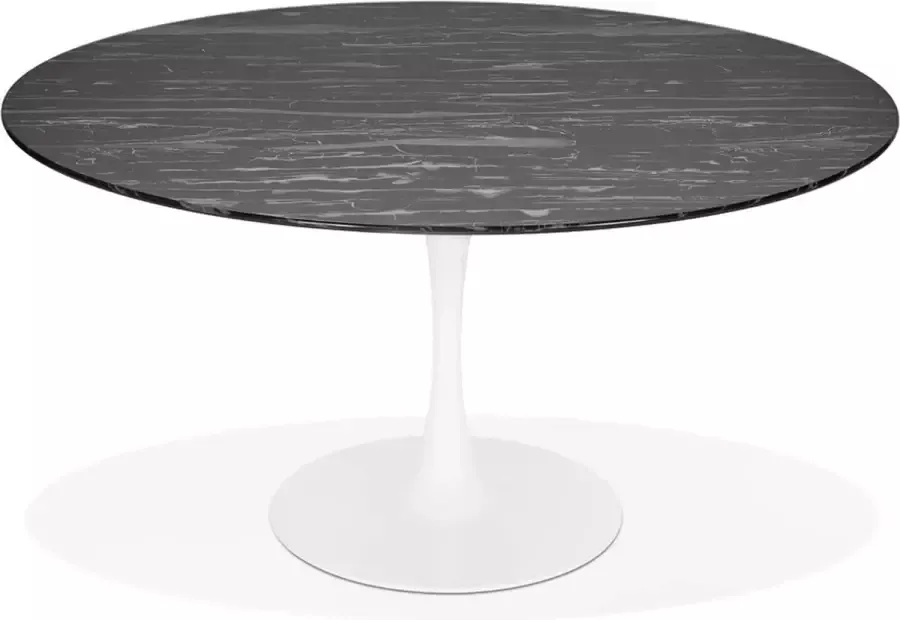 Alterego Design Alterego Ronde eettafel 'SHADOW' van zwart glas met marmereffect en centrale witte poot Ø 140 cm