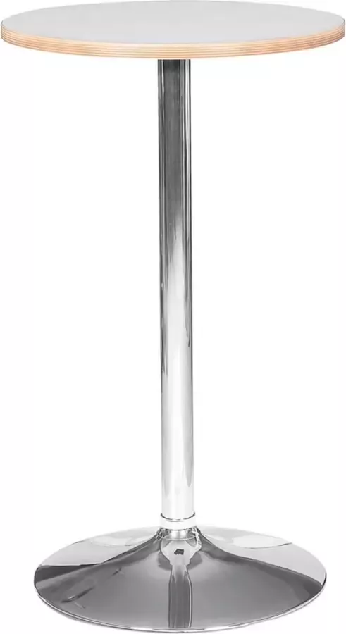Alterego Design Alterego Ronde witte hoge tafel 'ELIOT ROUND' met een verchroomde metalen poot Ø 60 cm