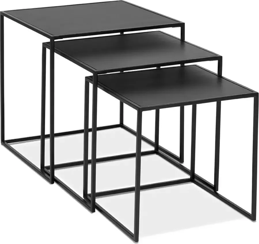 Alterego Design Alterego Set van drie stapelbare bijzettafels 'BAGGY' in hout en zwart metaal