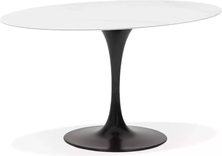 Alterego Design Alterego Witte ovalen eettafel 'CHAMAN' van glas met marmereffect en zwarte centrale poot 160x105 cm