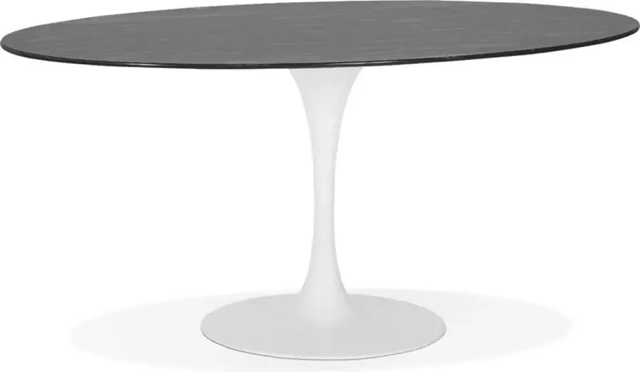 Alterego Design Alterego Zwarte ovalen eettafel 'CHAMAN' van glas met marmereffect en witte centrale poot 160x105 cm