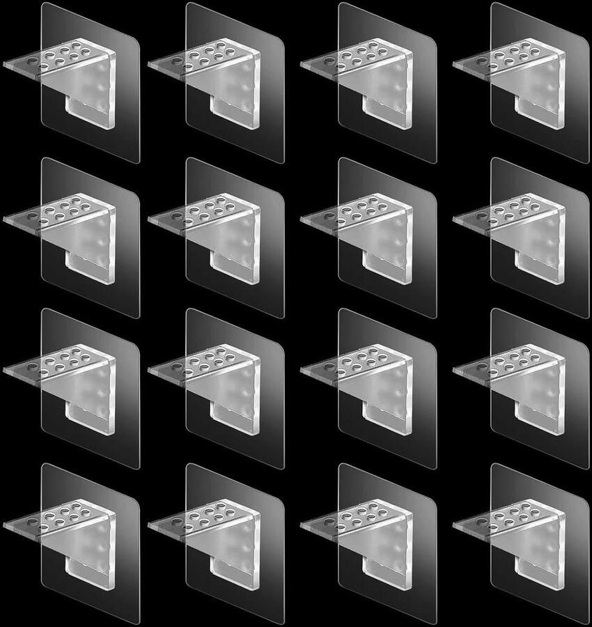 Allecto Plus 12 stuks zelfklevende haken voor kledingkast Transparante plankdragers Sterke stickers voor huishouden Zelfklevend en stansvrij Glazen kastvloer en meer