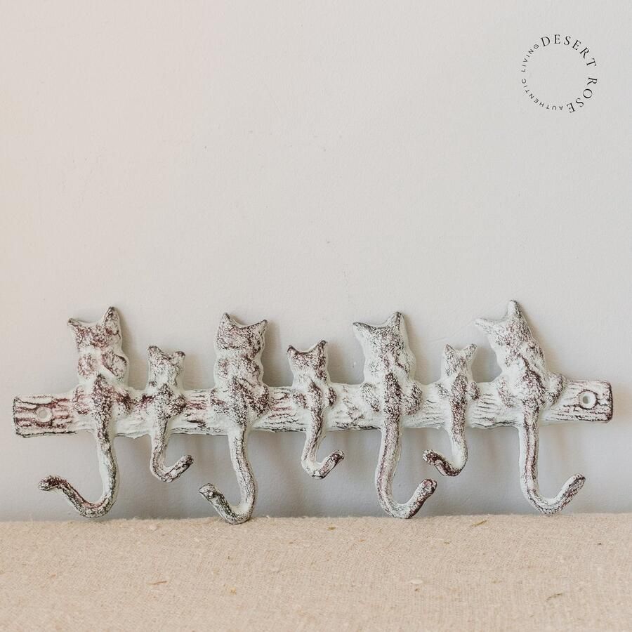 Ambiente Haus Wandhaak met zeven katten van gietijzer wit 38cm x 13cm x 3cm decoratieve gietijzeren wandophanging kledinghaak met zeven haken
