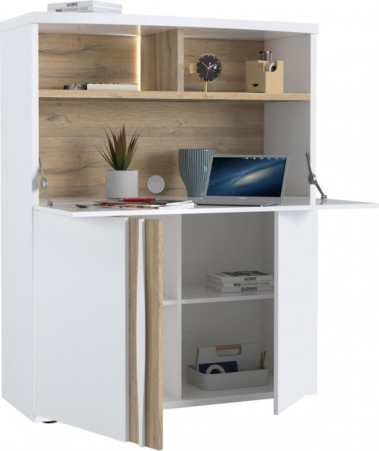 Ameubelment Secretaire bureau Insta 110 Cm breed hoogglans wit met eiken