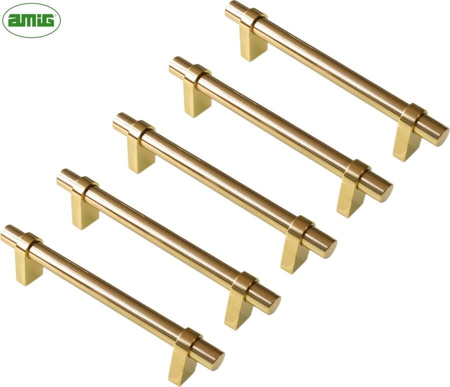 AMIG Lade Handgreep Kast Meubelgreep – Hartafstand 96mm Lengte 130mm 5 stuks Gepolijst Massief Messing Luxe Meubelonderdeel Goud