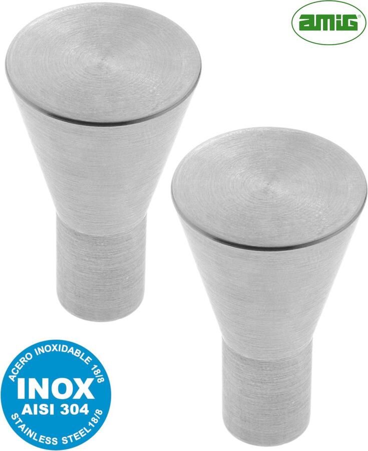AMIG Meubelknop Kastknop – 2 stuks – rond Ø 25 12mm – 40mm hoog – massief RVS AISI 304