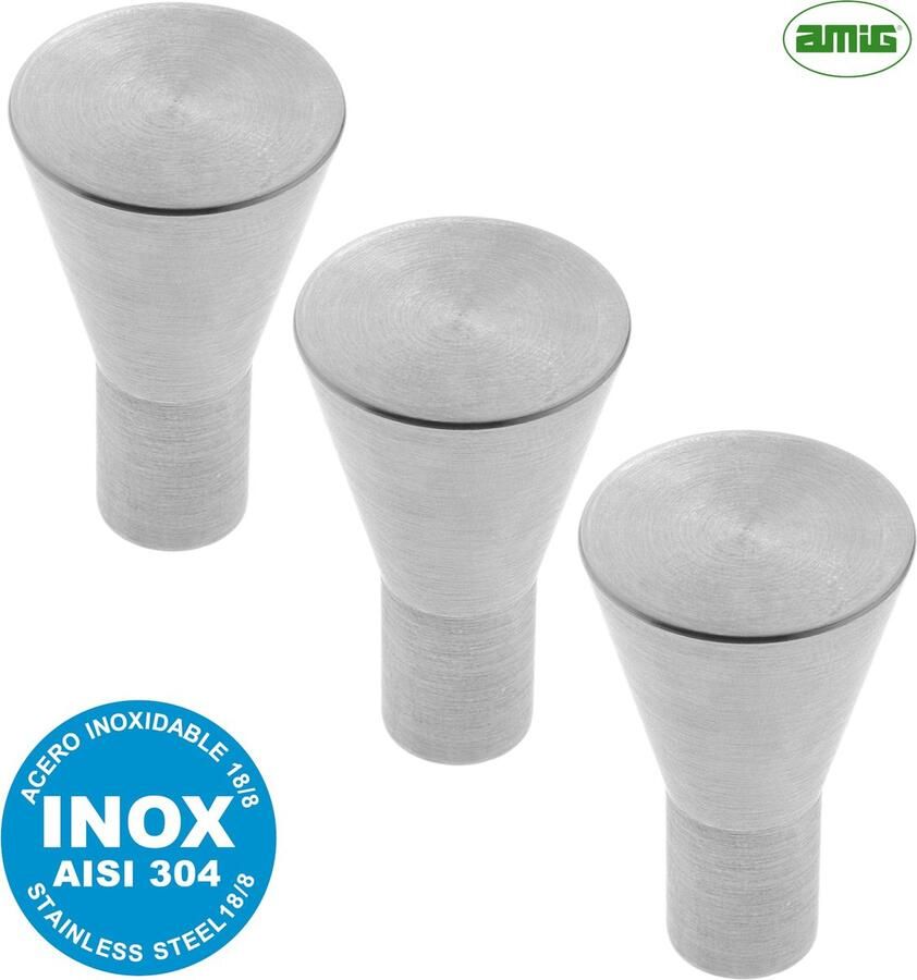 AMIG Meubelknop Kastknop – 3 stuks – rond Ø 25 12mm – 40mm hoog – massief RVS AISI 304