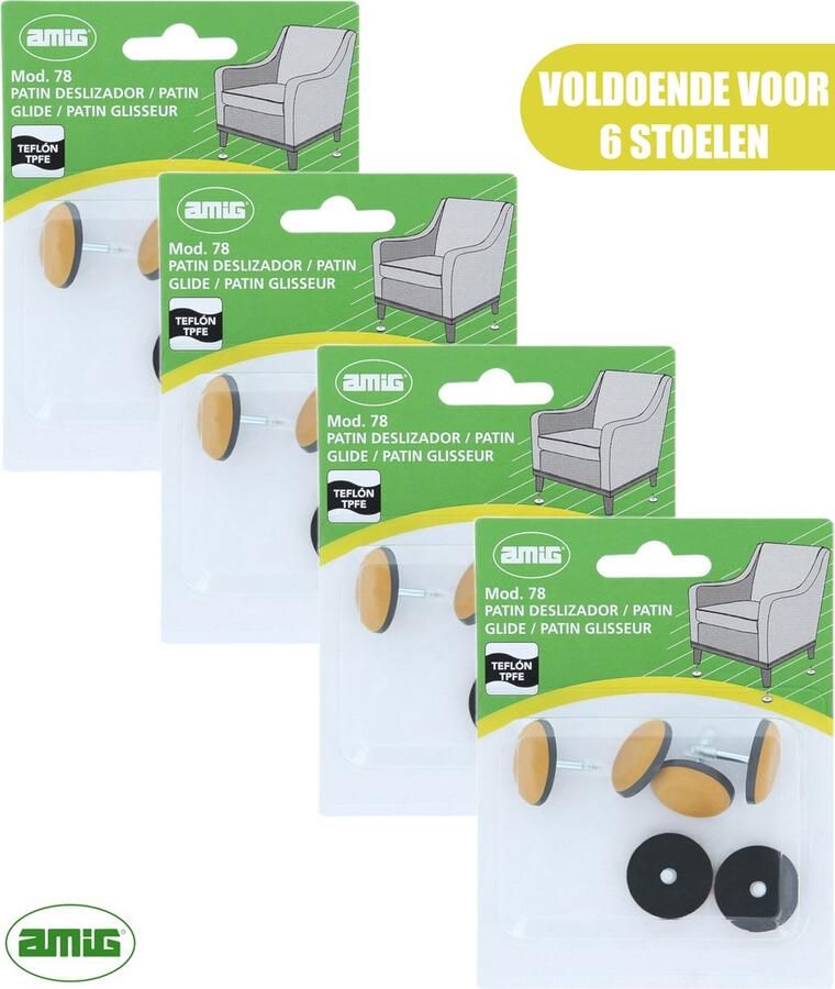 AMIG – Teflon Meubelglijders – Stoelpootbeschermers – Ø22mm – met Spijker – PTFE – 24 stuks Voor 6 Stoelen – Bruin