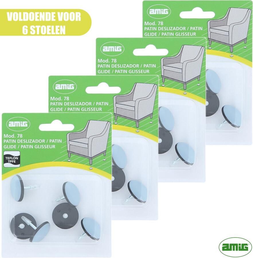AMIG – Teflon Meubelglijders – Stoelpootbeschermers – Ø22mm – met Spijker – PTFE – 24 stuks Voor 6 Stoelen – Grijs